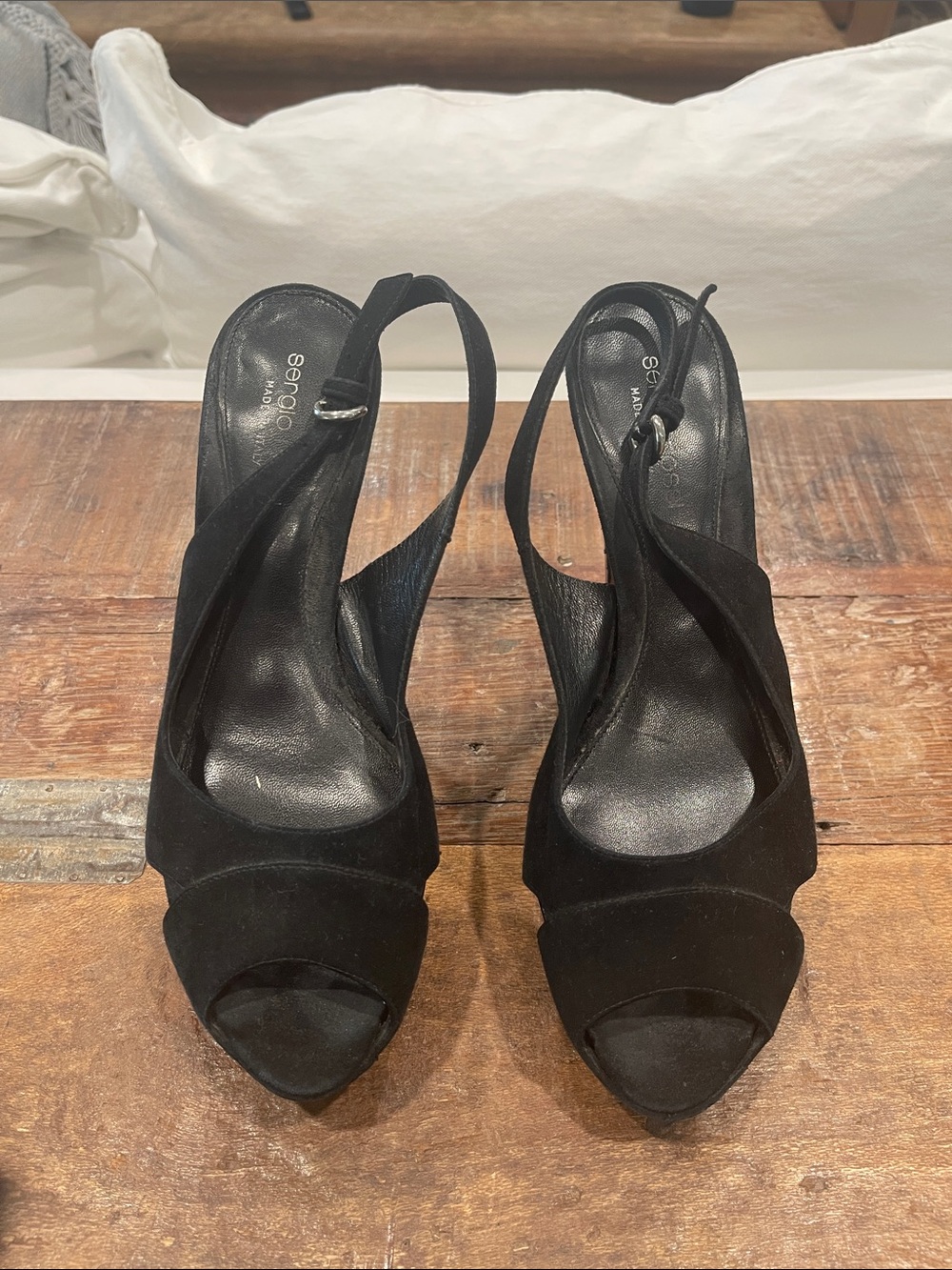 Sergio Rossi Black Suede Slingback Peep-Toe Heels